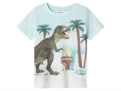Name It T-Shirt med print af tyrannosarus Rex på en strand med surf boards, badering og palmer 13243296 honeydew